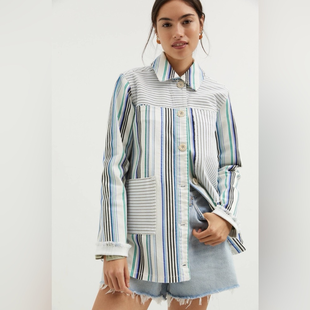 Mave by Antrhopologie White Blue Stripe Shirt Jacket Size Small